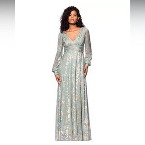 Betsy & Adam NWT Mint & Gold Long Sleeve V-Neck Evening Gown Size 4 Formal